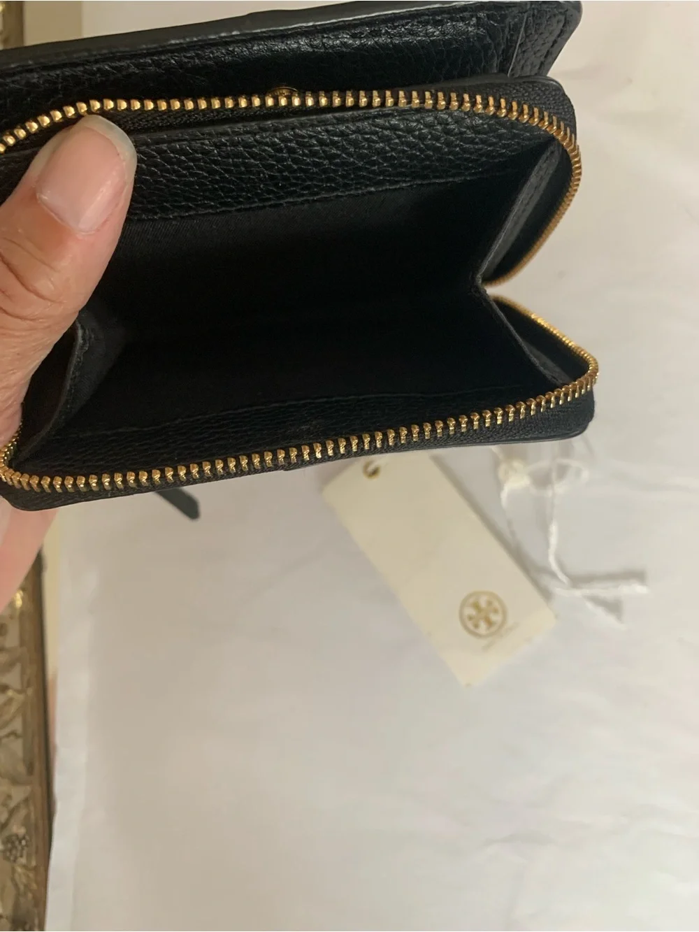Tory Burch Black Pebbled Leather Zip Card Case with Logo